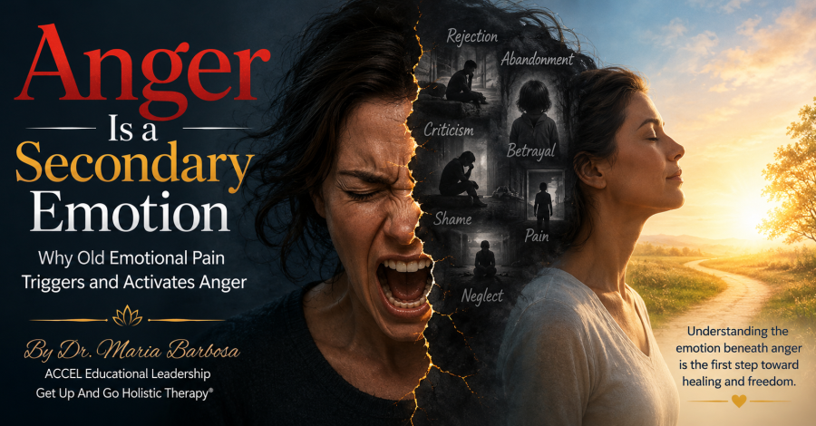 Recognizing that anger is a secondary emotion changes the question from "What's wrong with me?" to "What old wound is asking to be healed?" Dr Maria Barbosa